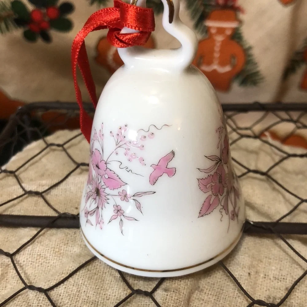 German Kronach (West Germany) Porcelain Pink Floral & Bird Bell w 22K Gold...